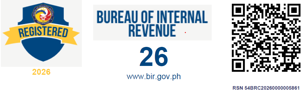 BIR Registered 2026 badge with QR code, RSN 54BRC20260000005861